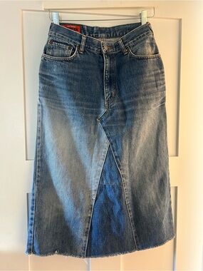 Vintage Edwin Denim Midi Skirt Size 31 Japanese Denim Distressed Front Slit Y2K